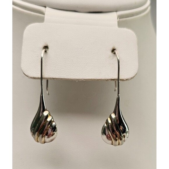 925 Ribbed with Gold Puffy Tear Drop Threader Style Earrings 1 5/8"Lx1/2"W - Picture 3 of 9